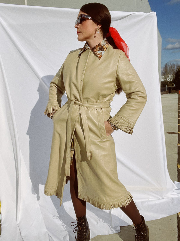 tan leather long wrap coat with fringe trim women's vintage 1980's