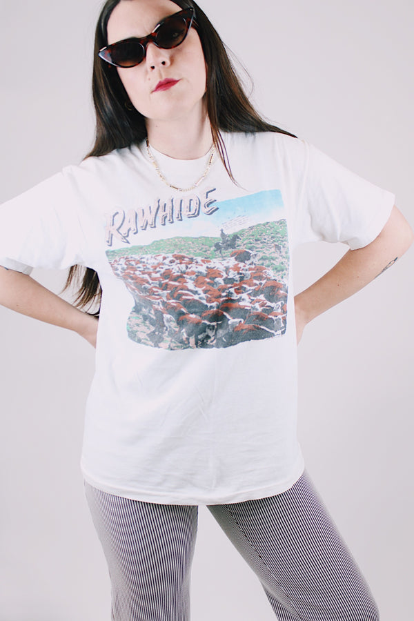 short sleeve white graphic tee rawhide 1980's