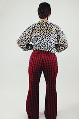 red and black plaid polyester wrangler bell bottom pants vintage 1970's