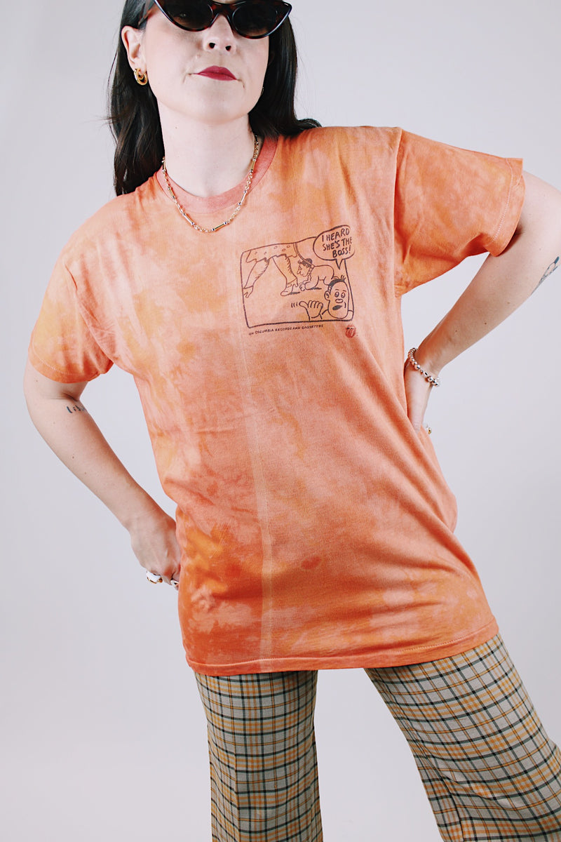 short sleeve orange tie dye graphic vintage tee 1980's mick jagger she's the boss