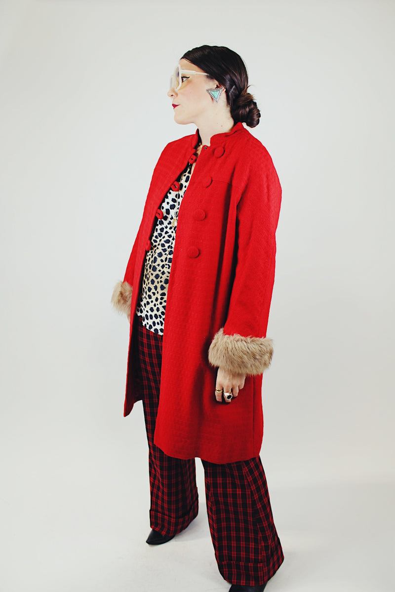 long sleeve red coat with fur trim cuffs 1960s