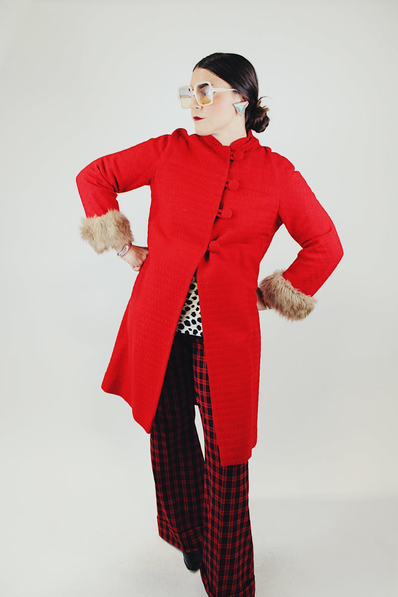 long sleeve red coat with fur trim cuffs 1960s