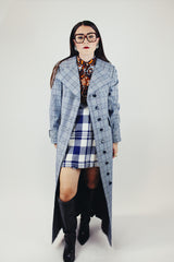 ankle length navy and grey plaid print trench coat vintage 1970's