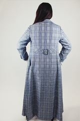 ankle length navy and grey plaid print trench coat vintage 1970's