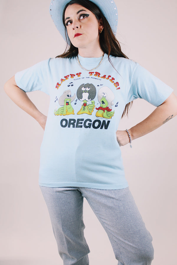 short sleeve baby blue graphic tee happy trails oregon slugs singing with cowboy hats