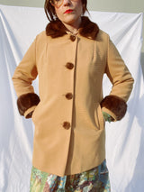 long sleeve tan ribbed coat with brown fur trim vintage women's 1960's