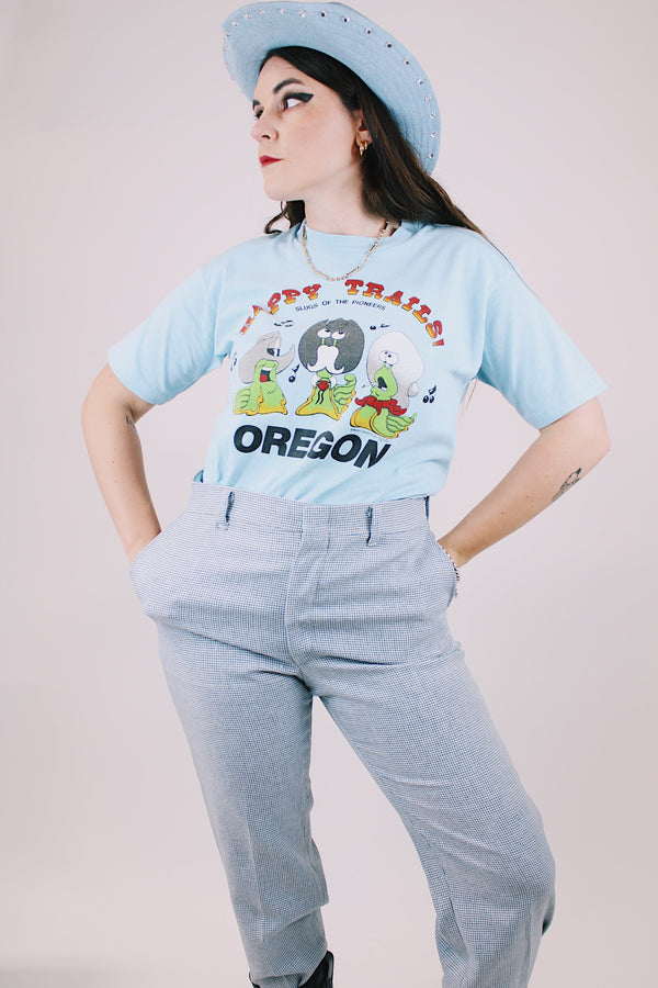 short sleeve baby blue graphic tee happy trails oregon slugs singing with cowboy hats