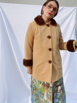 long sleeve tan ribbed coat with brown fur trim vintage women's 1960's