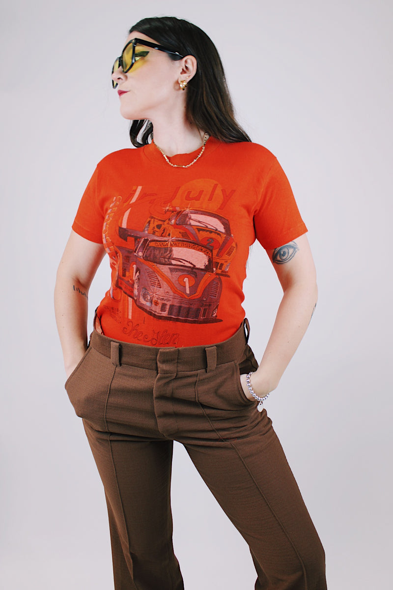 short sleeve orange vintage graphic tee racecar