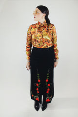ankle length black wool skirt with floral embroidery vintage 1970's