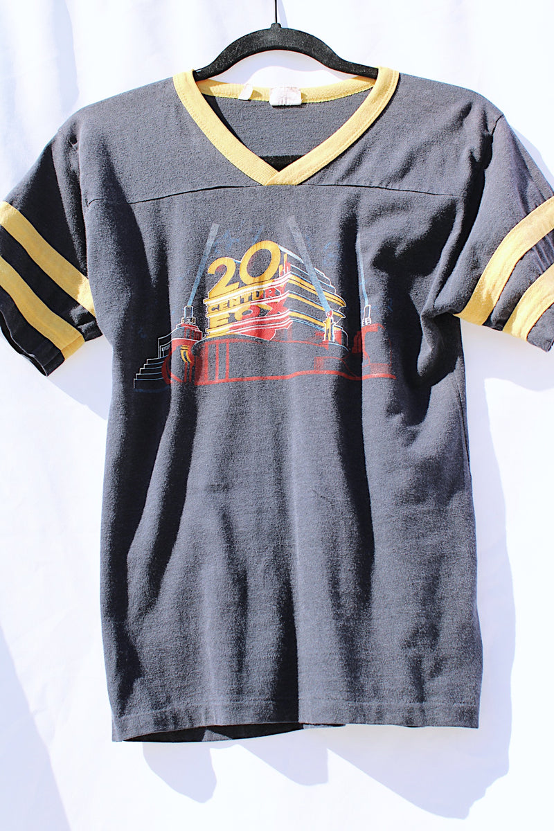 short sleeve black graphic tee 20th century fox logo 1970's