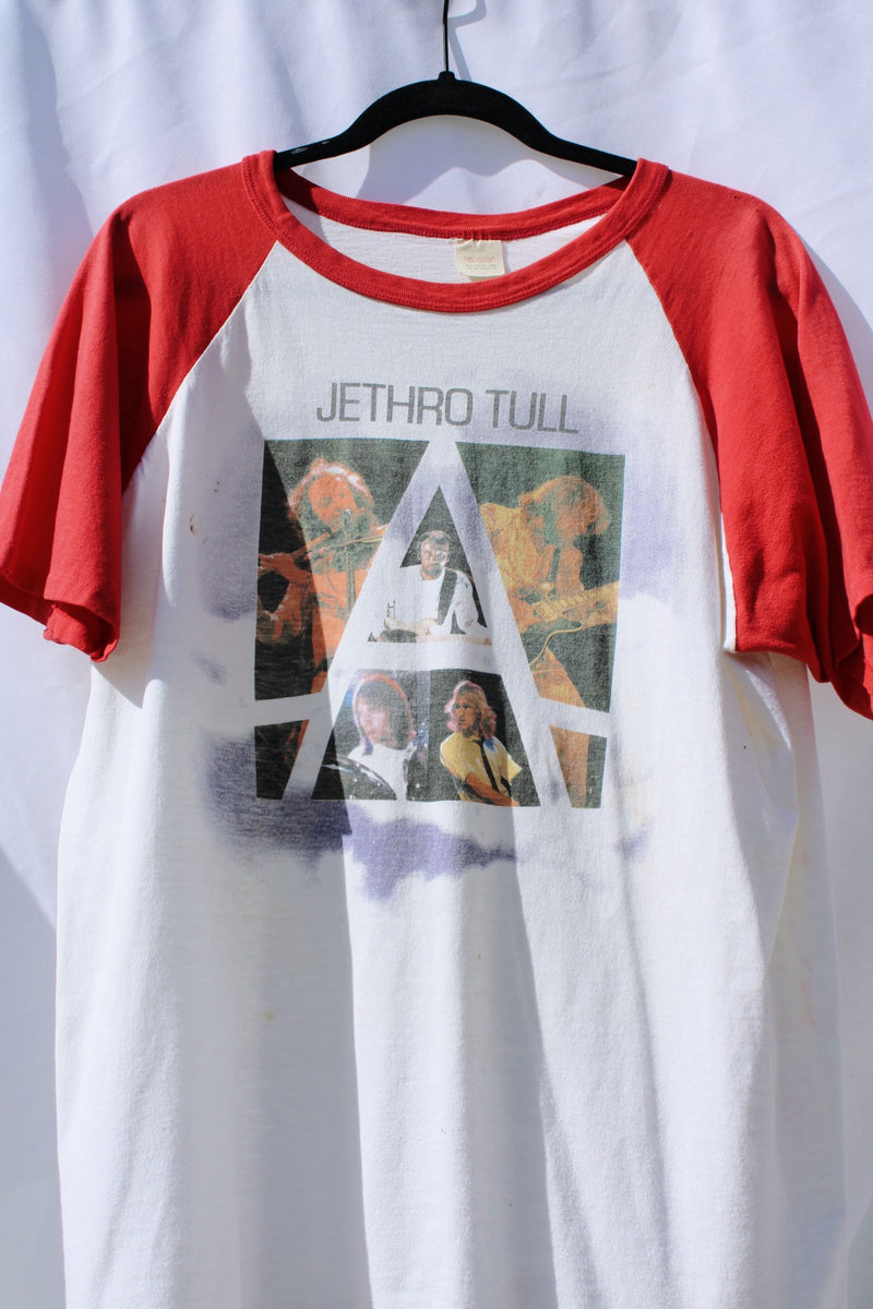 short sleeve vintage graphic baseball t-shirt jethro tull 1980's white body with red arms