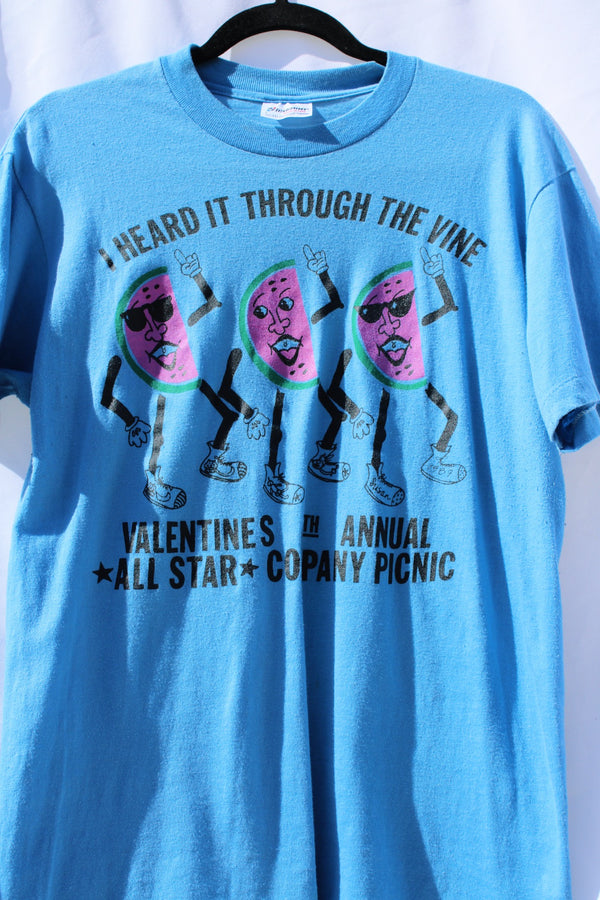 short sleeve blue t-shirt 1980's with watermelon slices dancing graphic