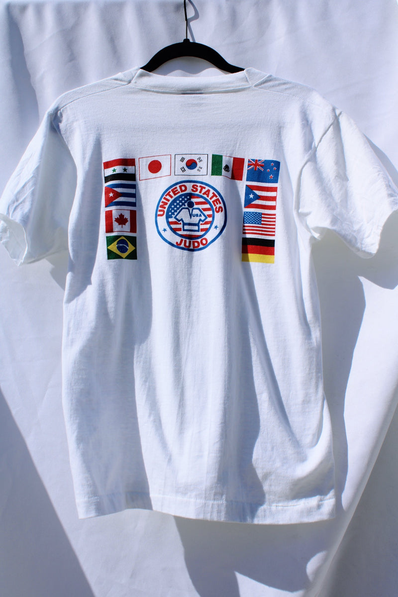 short sleeve white t-shirt 1985 us judo open with graphics on front and back