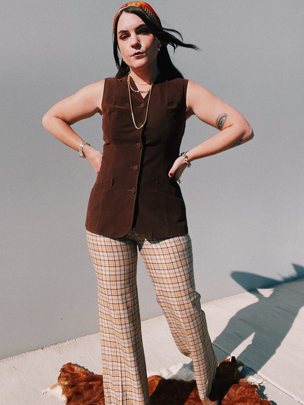 women's 1970's vintage brown velvet vest with button front