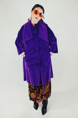 purple velvet coat with 3/4 arm length buttons up the front and attached neck tie vintage women's 1960's