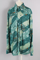 Women's or men's vintage 1970's Haband Paterson N.J. label long sleeve button up shirt with pointy collar in a slinky lightweight Polyester in green and teal colors with brown and white small floral all over print.