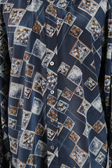 Men's or women's vintage 1970's Fleur Antique, Chemise Et Cie label long sleeve lightweight Polyester material with a silk feel button up shirt in blue with white and brown all over floral print.