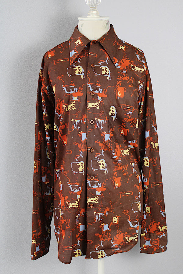 Men's or women's vintage 1970's Knit Collection, Bonds label long sleeve brown polyester material button up shirt with pointy collar with all over abstract print. 