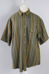 Men's or women's vintage 1960's Macy's, Supre-Macy label short sleeve button up shirt in a wool and nylon blend material with vertical stripes in various shades of green