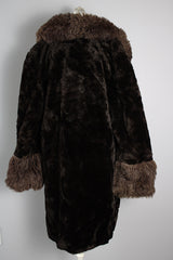 Women's vintage 1970's Styled by Davis of Boston, A Division of Jonathan Logan label long sleeve faux fur coat in two different tones of brown and texture.