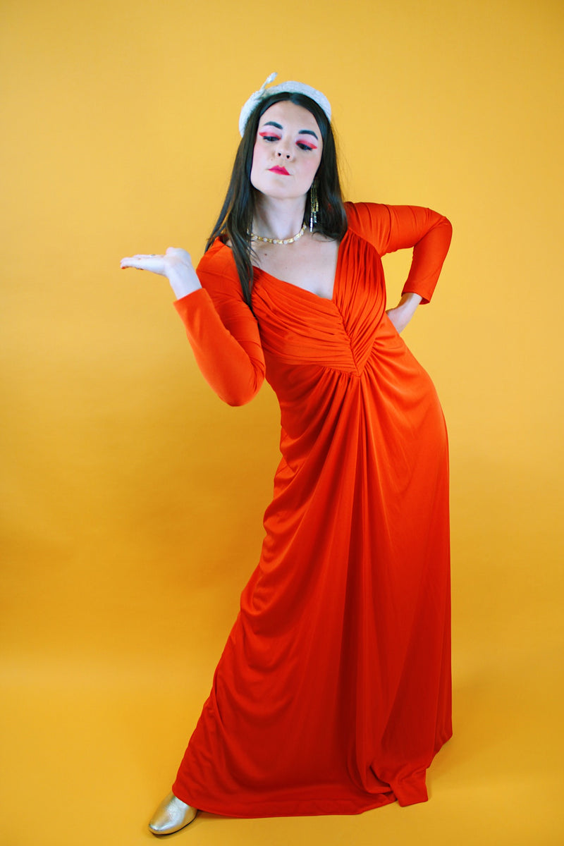 long sleeve red dress floor length ruched v-neck vintage 1970's