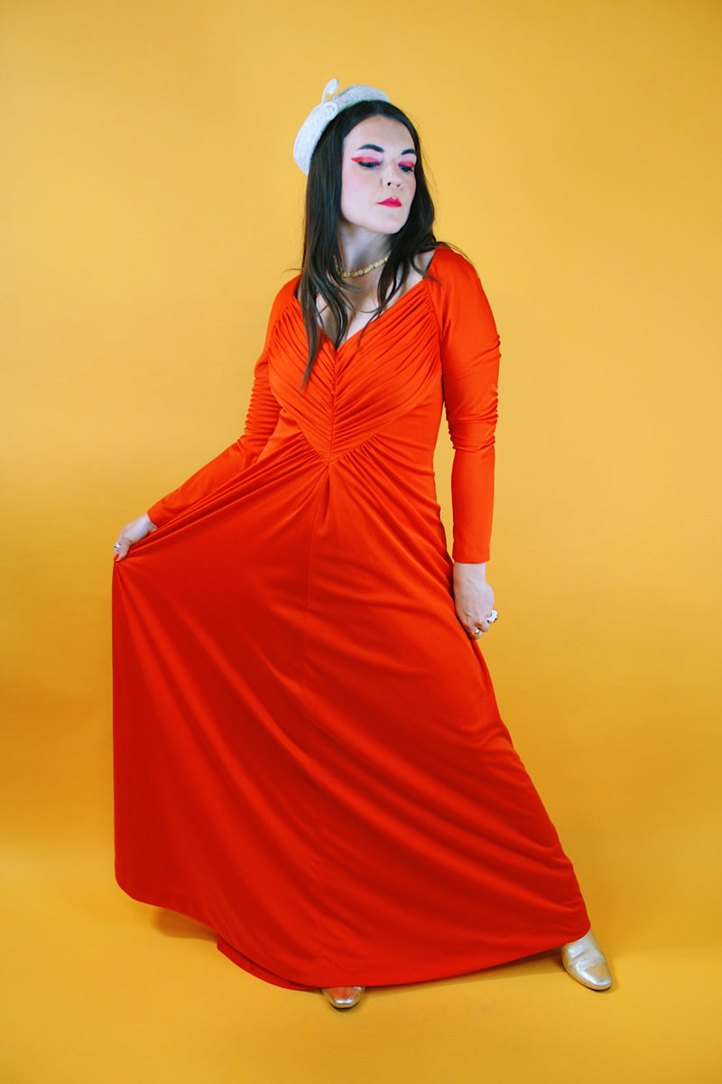 long sleeve red dress floor length ruched v-neck vintage 1970's