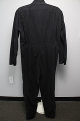 Women's or men's vintage 1980's Reminiscence by Stewart Richer label zip up one piece jumpsuit in a black cotton material. 