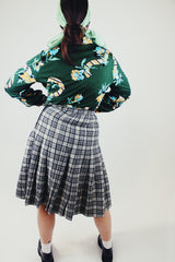mint green and black plaid print wool pleated mid length skirt pendleton vintage