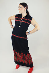 sleeveless top and maxi skirt set in black with red and gold metallic embroidery vintage 1970's