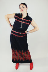 sleeveless top and maxi skirt set in black with red and gold metallic embroidery vintage 1970's