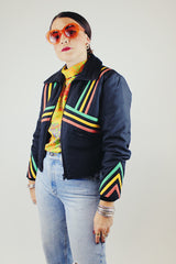black with yellow orange and green stripped cropped zip up ski jacket vintage 1970's