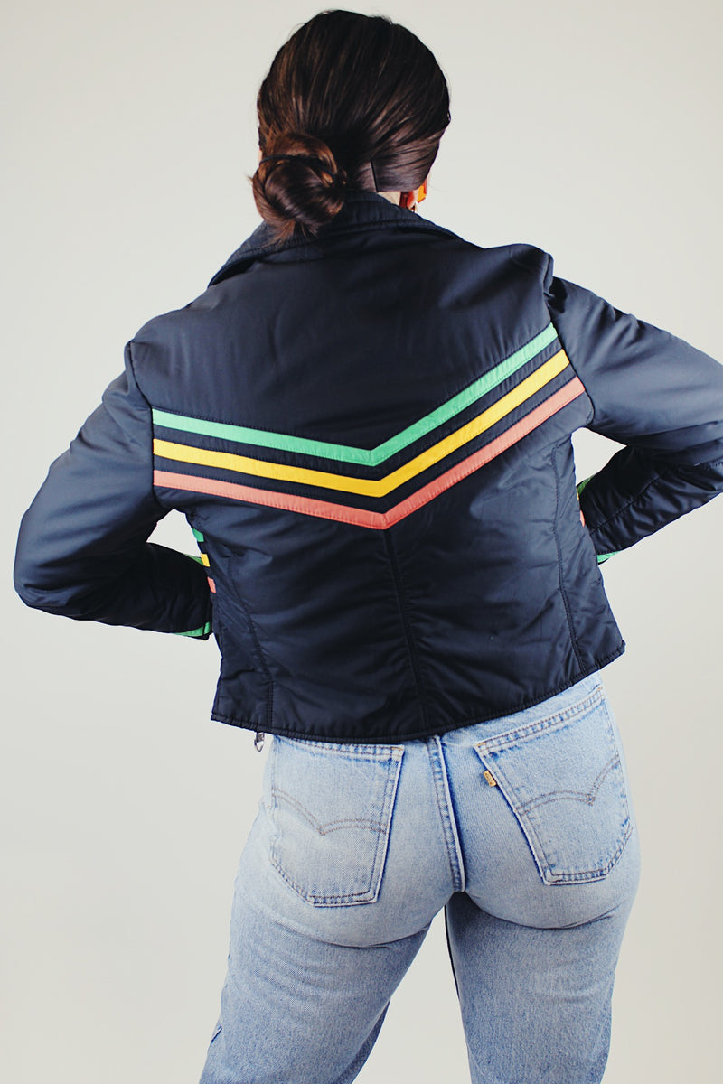 black with yellow orange and green stripped cropped zip up ski jacket vintage 1970's