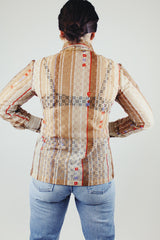 long sleeve brown striped eyelet button up blouse with collar vintage 1970's