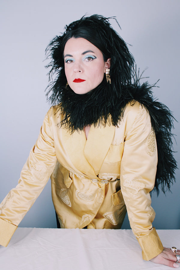 Women's vintage 1960's long sleeve gold yellow satin open front robe jacket with overall embroidered pattern