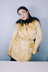 Women's vintage 1960's long sleeve gold yellow satin open front robe jacket with overall embroidered pattern
