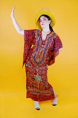 red ankle length tunic dress with embroidery and pointy bell sleeves