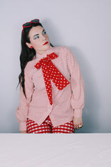 Women's vintage 1970's Lady Arrow label long sleeve white polyester button up blouse with red polka dots. Dagger collar and detachable adjustable tie neck.