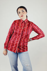 long sleeve button blouse maroon with all over print has collar vintage 1970's