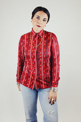 long sleeve button blouse maroon with all over print has collar vintage 1970's