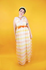 sleeveless white maxi dress vintage 1960's with yellow and orange stripes and ruffled collar