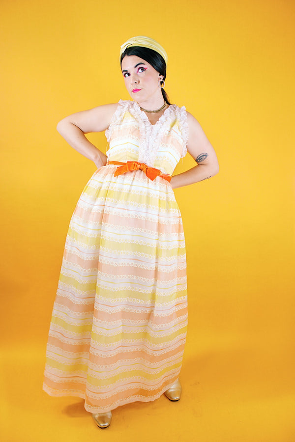 sleeveless white maxi dress vintage 1960's with yellow and orange stripes and ruffled collar