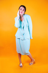 1980's set, teal color, blazer and pencil skirt both with rhinestone trim throughout and rhinestone buttons
