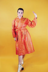 orange with floral print kimono with matching tie belt knee length rounded bell sleeves vintage