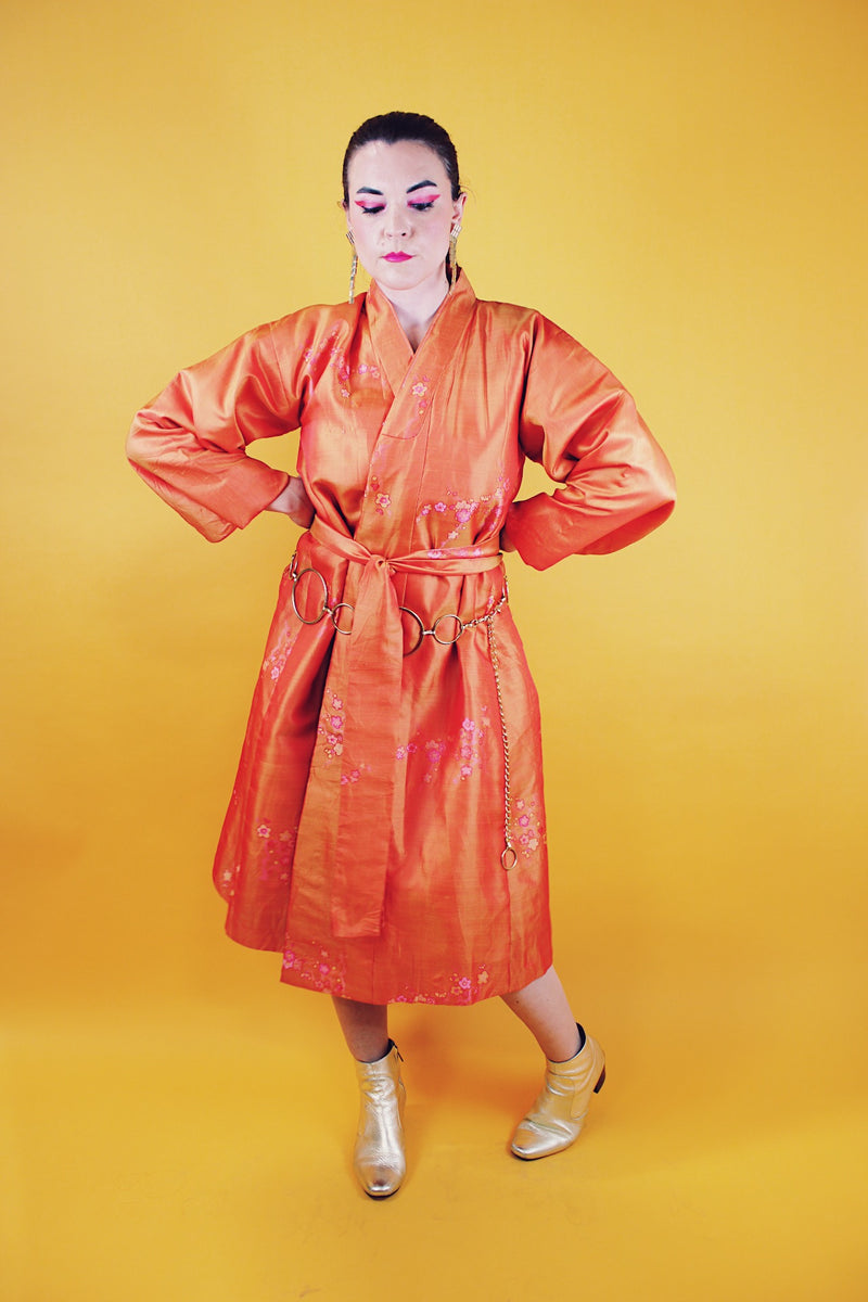 orange with floral print kimono with matching tie belt knee length rounded bell sleeves vintage