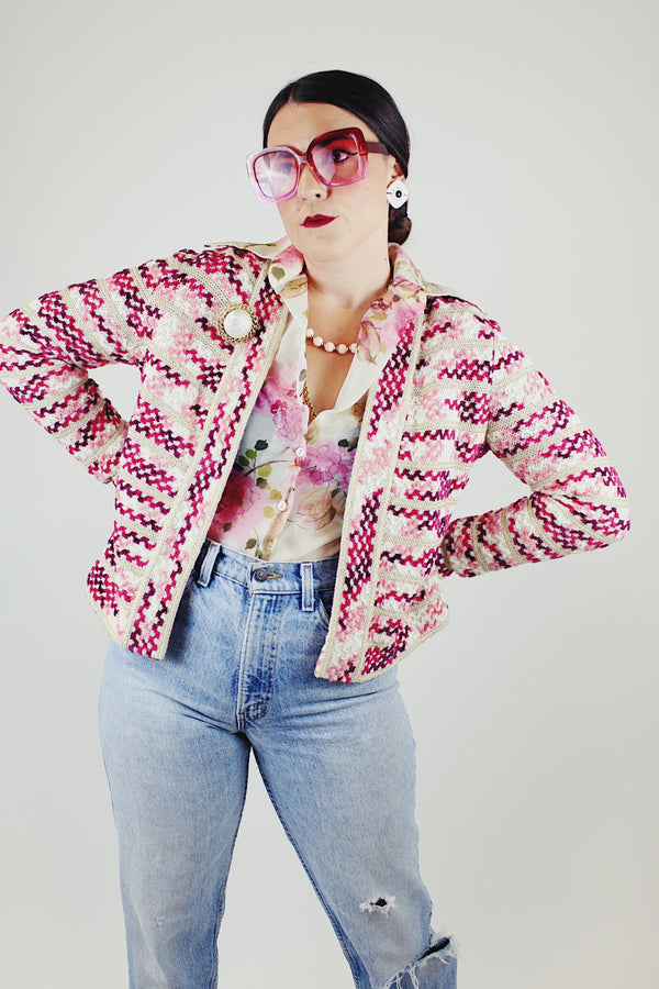 cream with pink striped open cardigan vintage 1960's