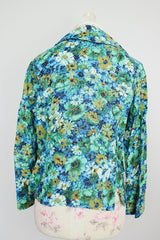 green and blue floral printed cotton linen double breasted blazer women's vintage 1960's