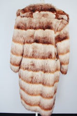 long sleeve long length burnt orange and cream faux fur striped coat vintage 1970's