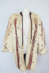 cream faux fur long coat with no closure vintage 1970's