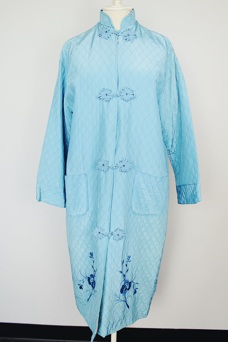 blue long sleeve long length quilted duster jacket with embroidered flowers vintage 1960's
